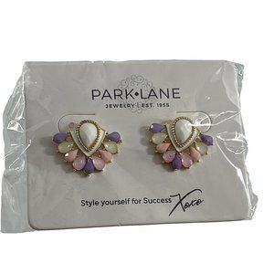 Park Lane Earrings Fan Shape White Purple Pink Gold Tone Post New on Card